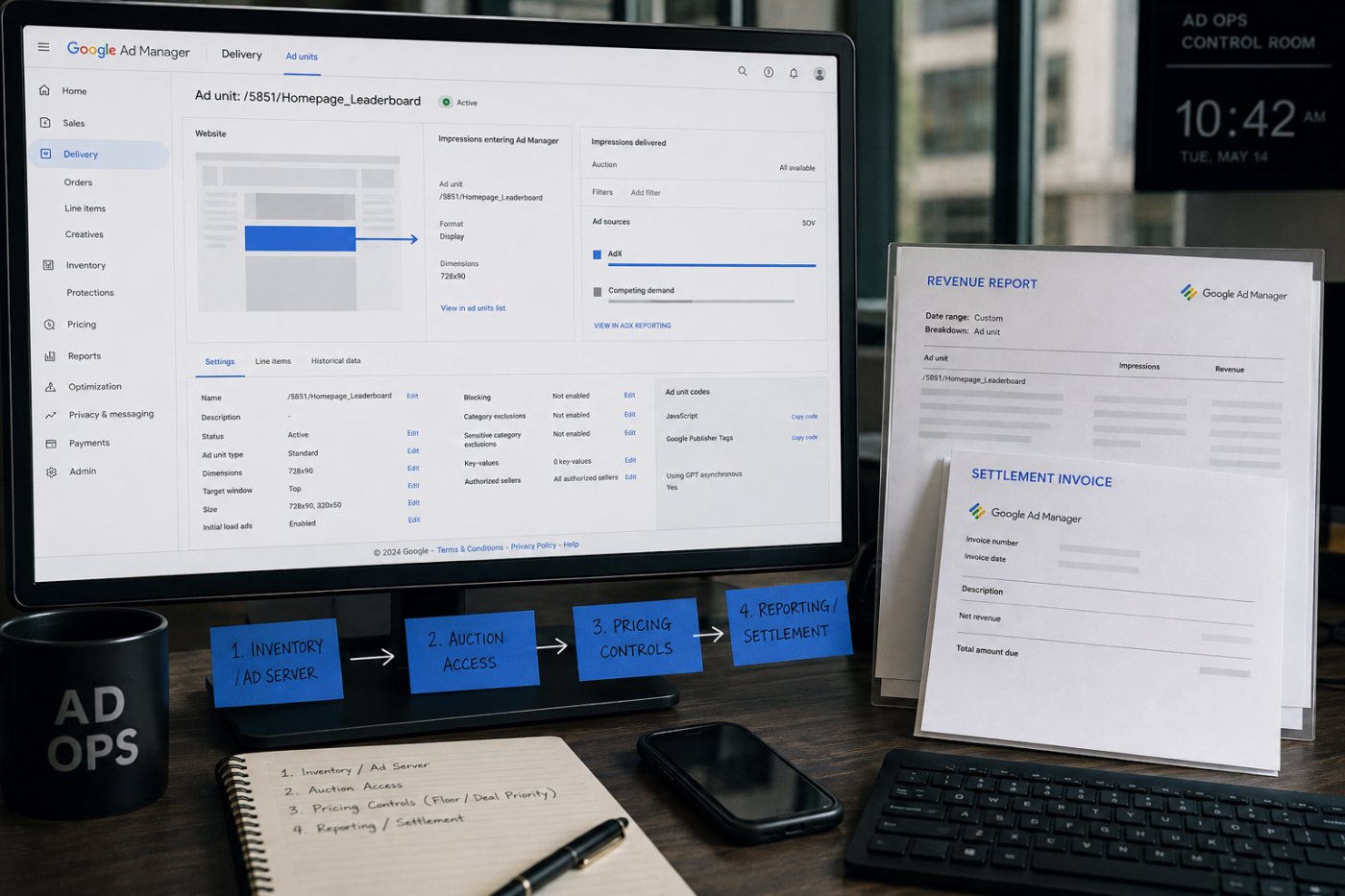 Publisher inventory থেকে ad server, AdX ও অন্যান্য demand হয়ে reporting ও settlement পর্যন্ত নির্ভরতার ধাপগুলো আলাদা করা হয়েছে।