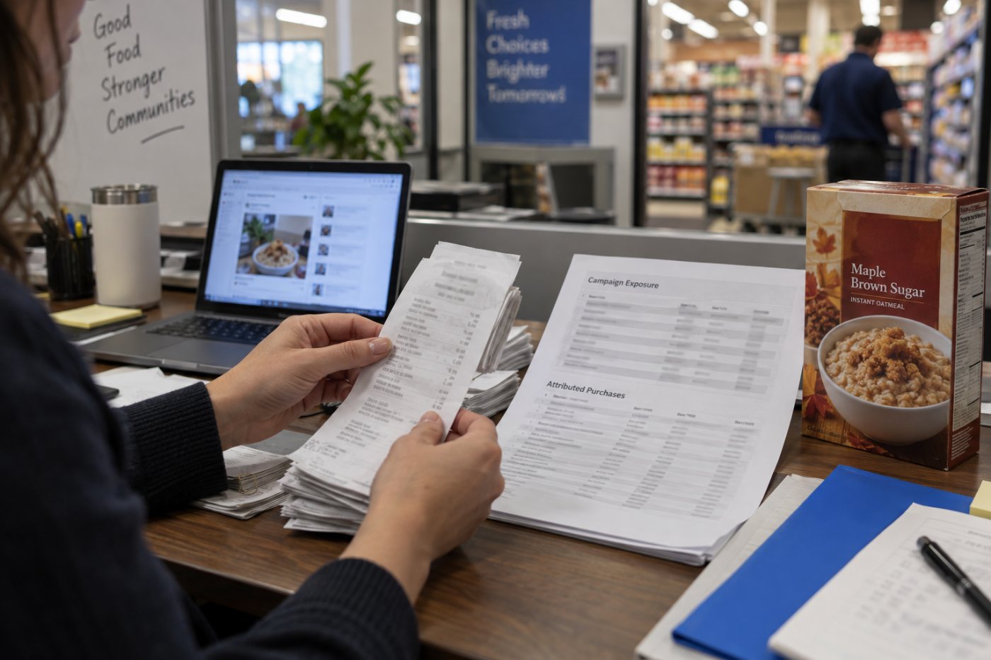 Des achats agrégés chez Kroger sont rapprochés d’une exposition publicitaire sans preuve causale visible.