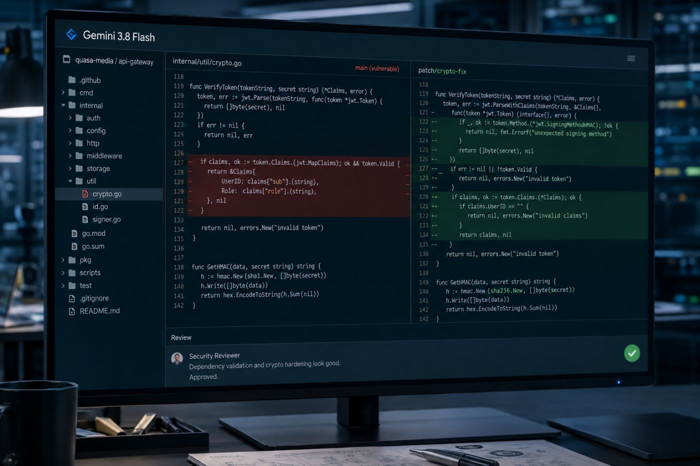 Gemini 3.8 Flash Cyber finds a software vulnerability and produces a defensive patch in an approved workflow.