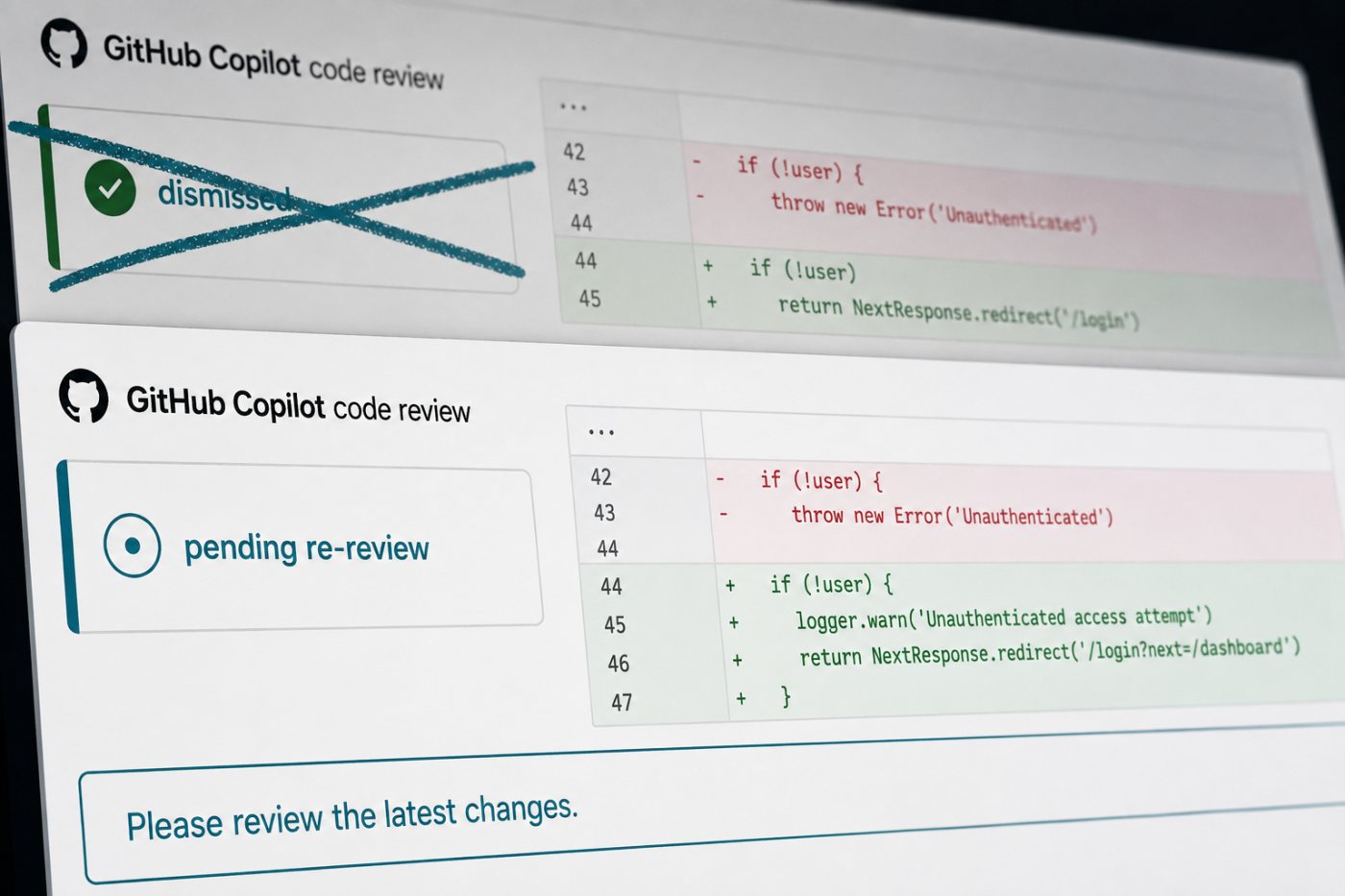 نئی commit کے بعد Copilot کی سابق منظوری ختم اور pull request دوبارہ review کی منتظر