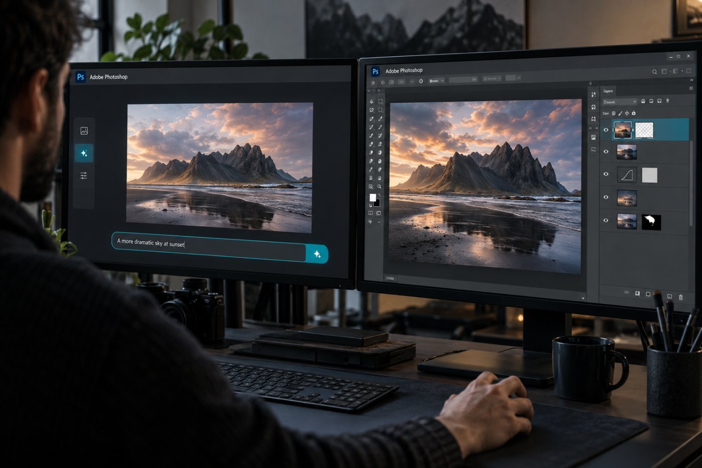 Aynı Photoshop belgesinin isteğe bağlı komut alanı ile Pro Editor çalışma düzeninde açık kalması