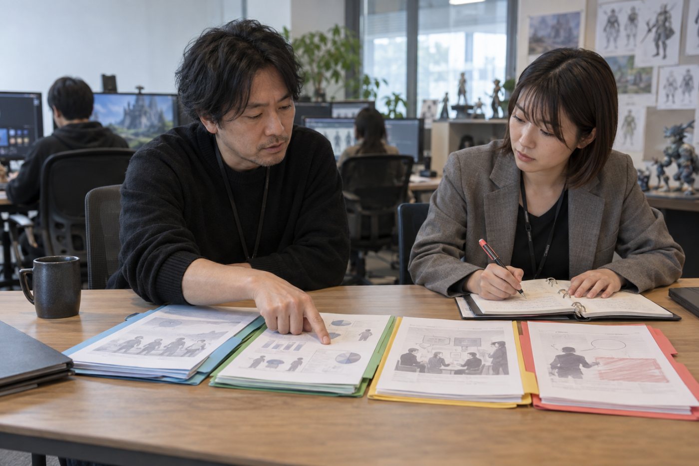 日本のゲーム会社が通知・影響評価・労使協議・異議申立てに分けてAI導入手続きを検討する場面