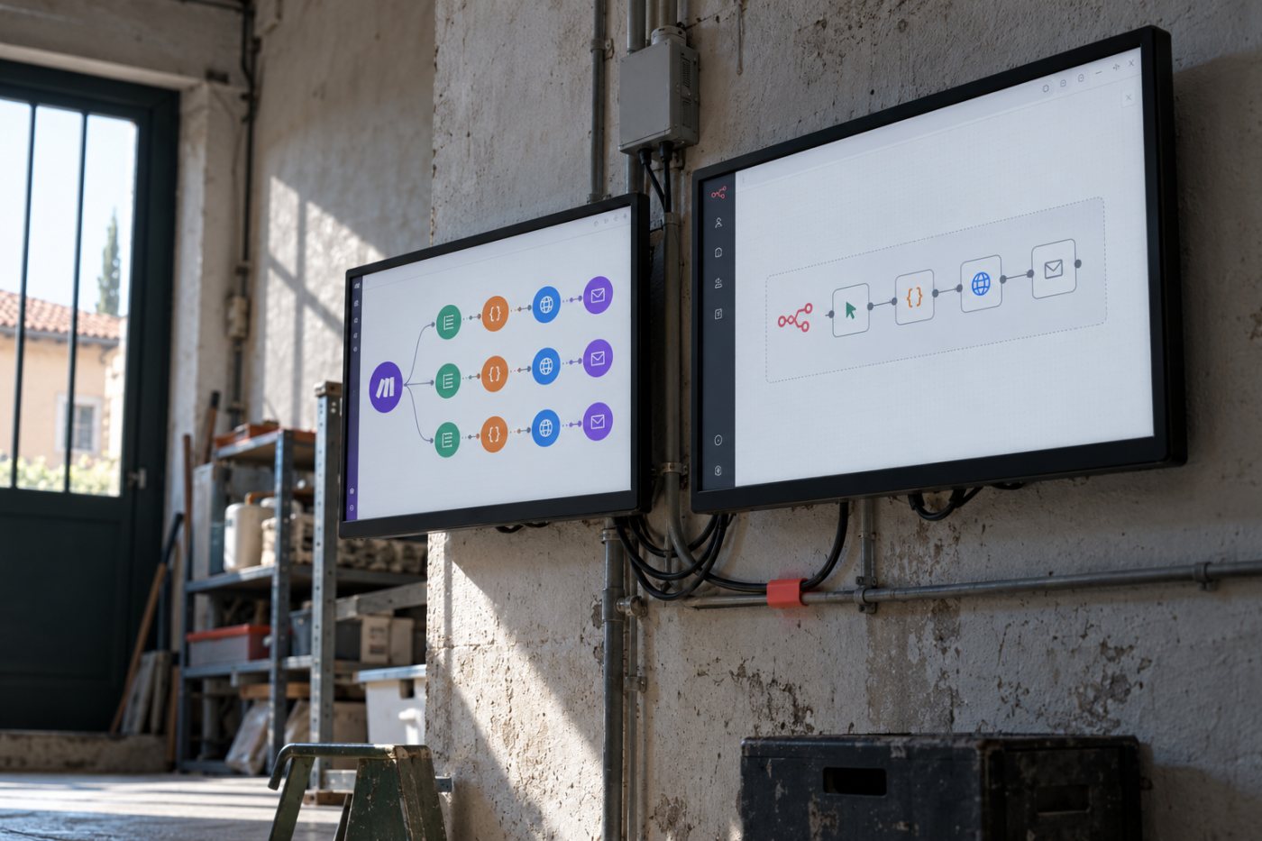 Tre elementi ripetono quattro operazioni in Make, mentre il loop resta nella stessa esecuzione n8n.