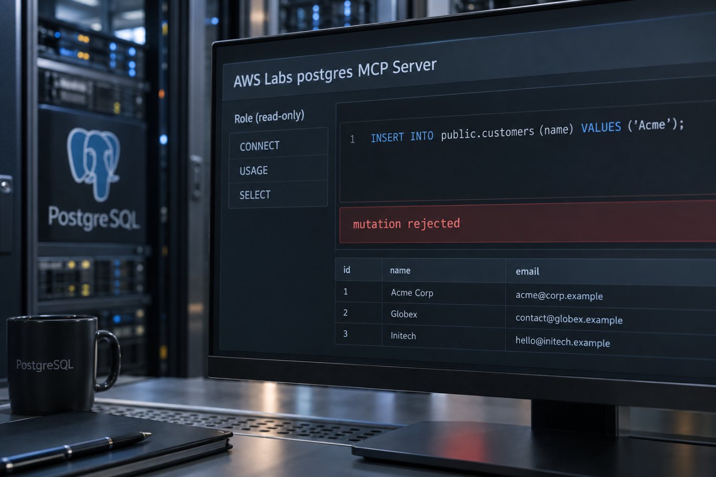 최소 권한 전용 역할이 Postgres MCP의 데이터 변경 요청을 데이터베이스에서 거부하는 결과