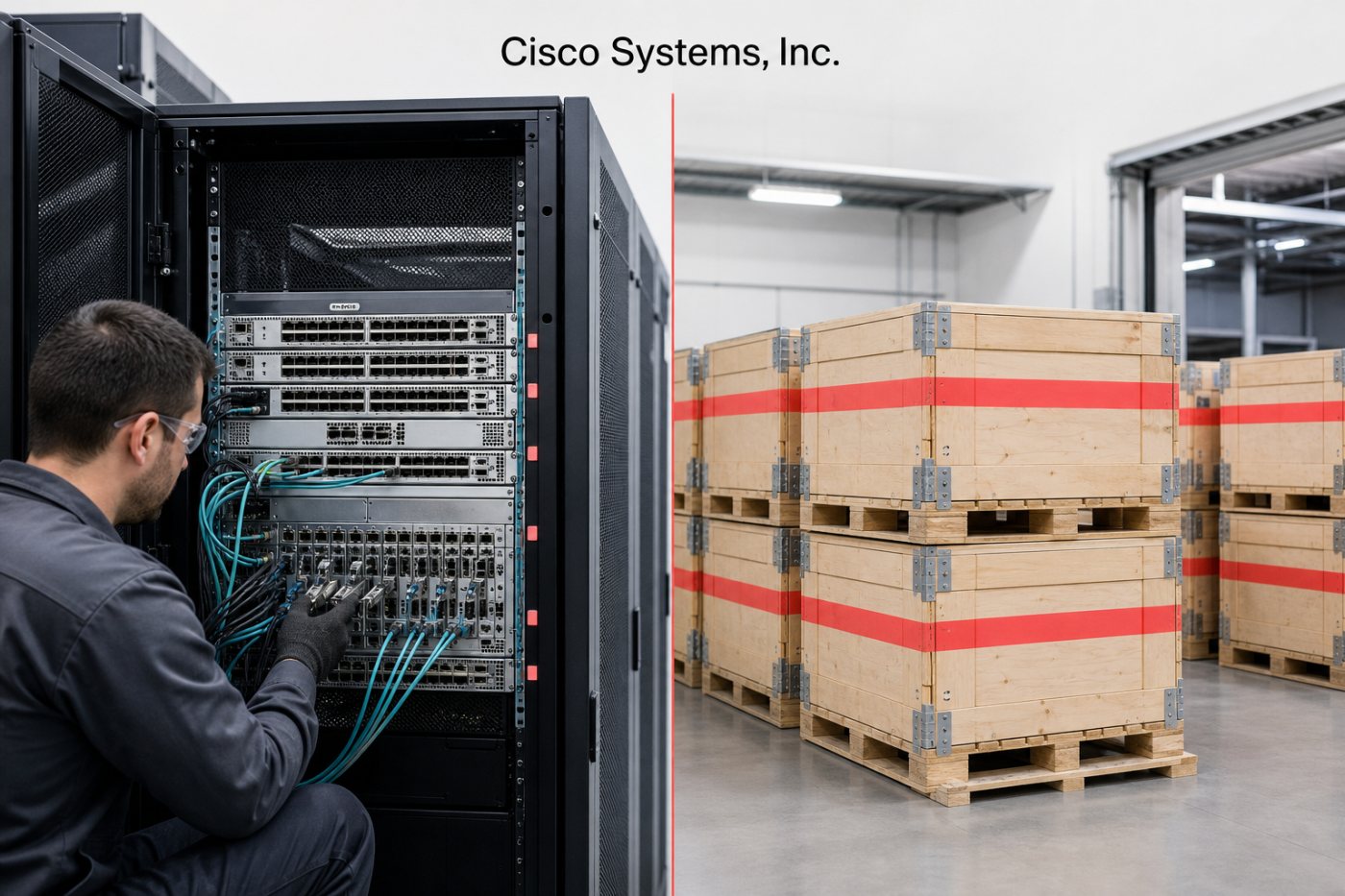 Equipos de red de Cisco para IA en distintas fases, desde pedidos preparados hasta unidades instaladas en un centro de datos.