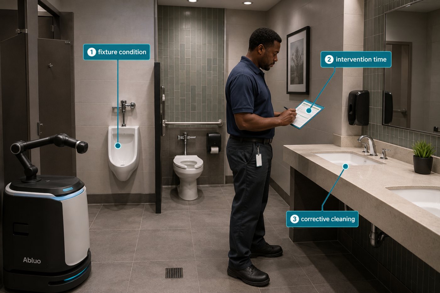 A facilities operator validates Abluo’s cleaning result and intervention time