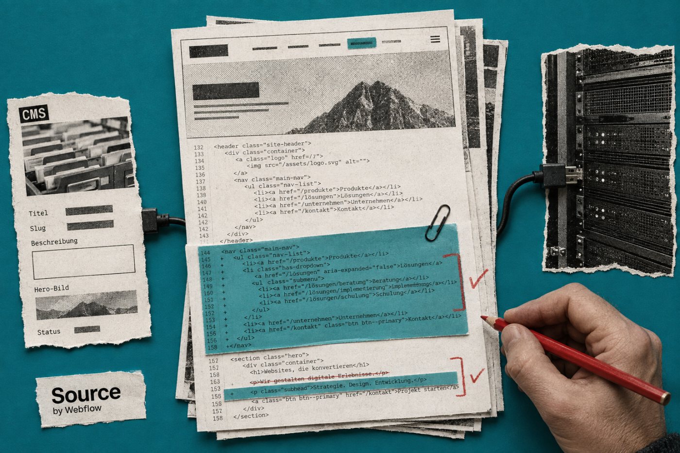 Source by Webflow bereitet eine prüfbare Änderung an einer bestehenden Codebasis mit verbundenem CMS und Hosting vor.