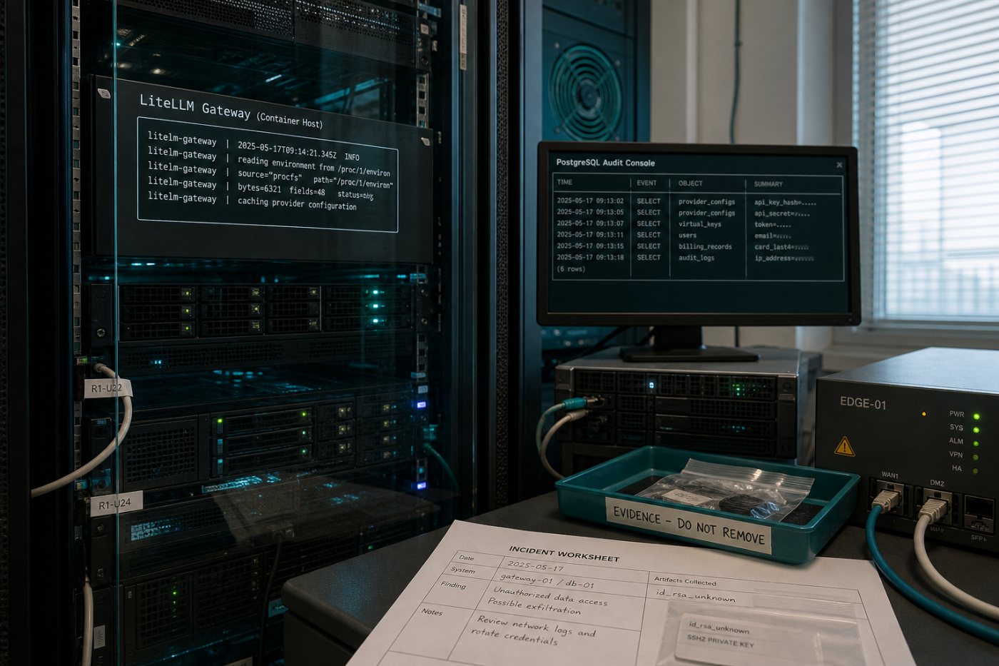 LiteLLM container environment ও PostgreSQL backend থেকে provider key এবং virtual-key record সংগ্রহ