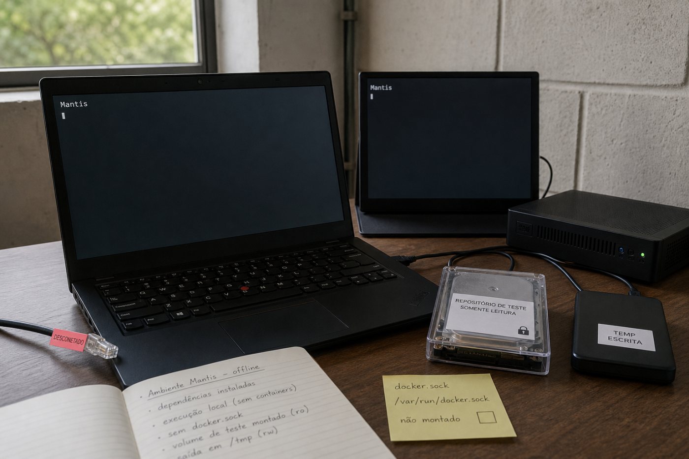 Ambiente do Mantis passa à execução sem rede, com repositório somente para leitura e área temporária separada.