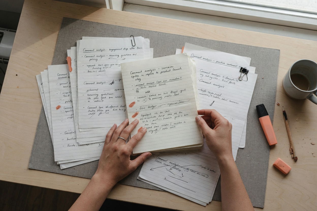 Hands organizing physical notes to represent saved Ask Studio conversations