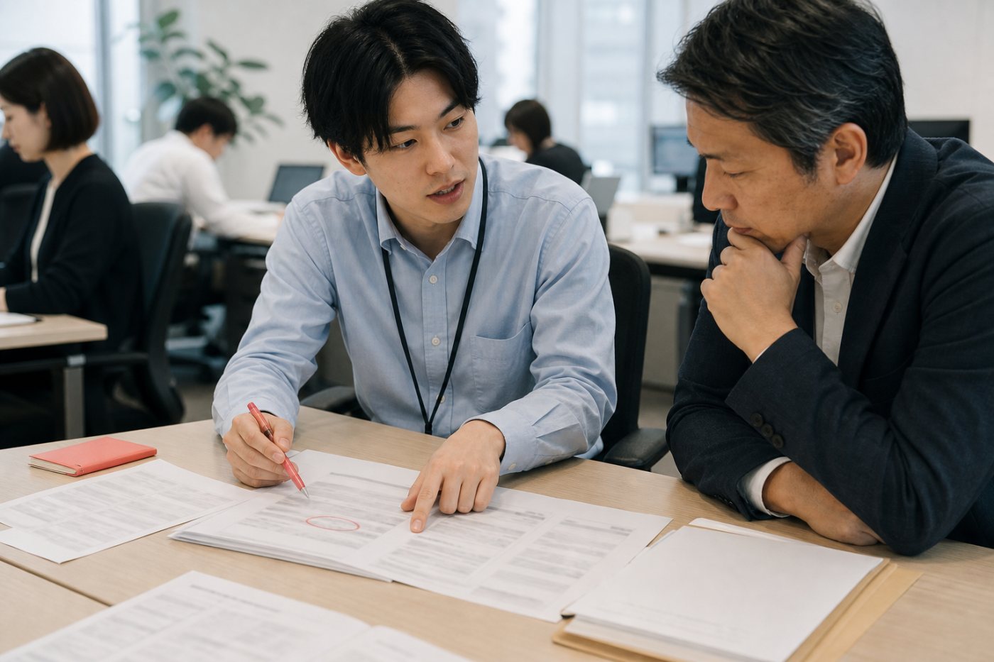AIの出力にある例外を若手が見つけ、判断理由と代替案を上位者へ説明する業務