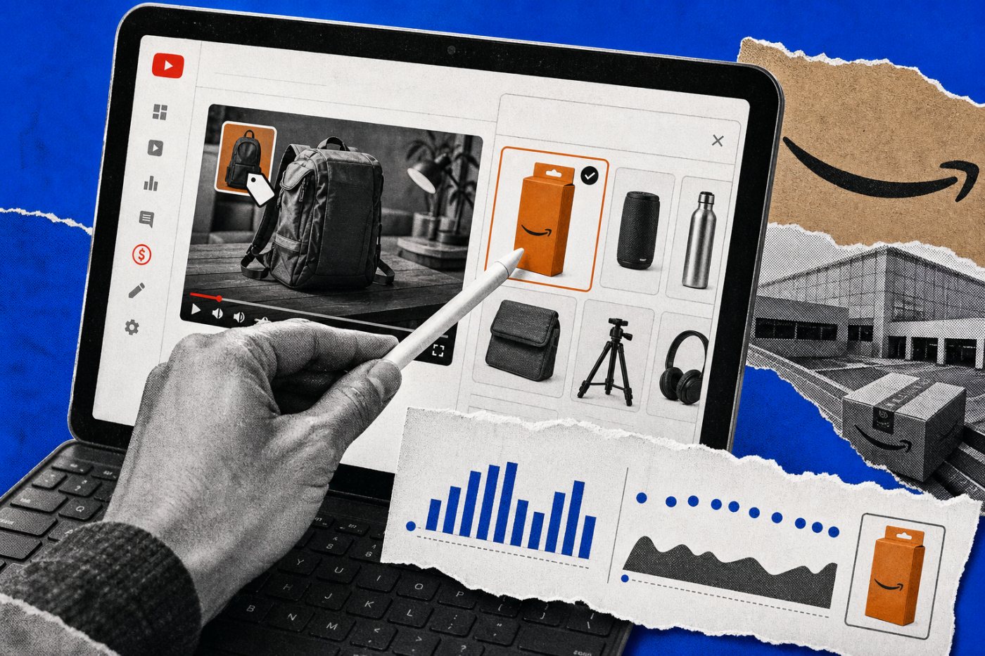 Ein berechtigter Creator wählt in YouTube Studio ein Amazon-Produkt aus und prüft Klicks sowie geschätzte Einnahmen.