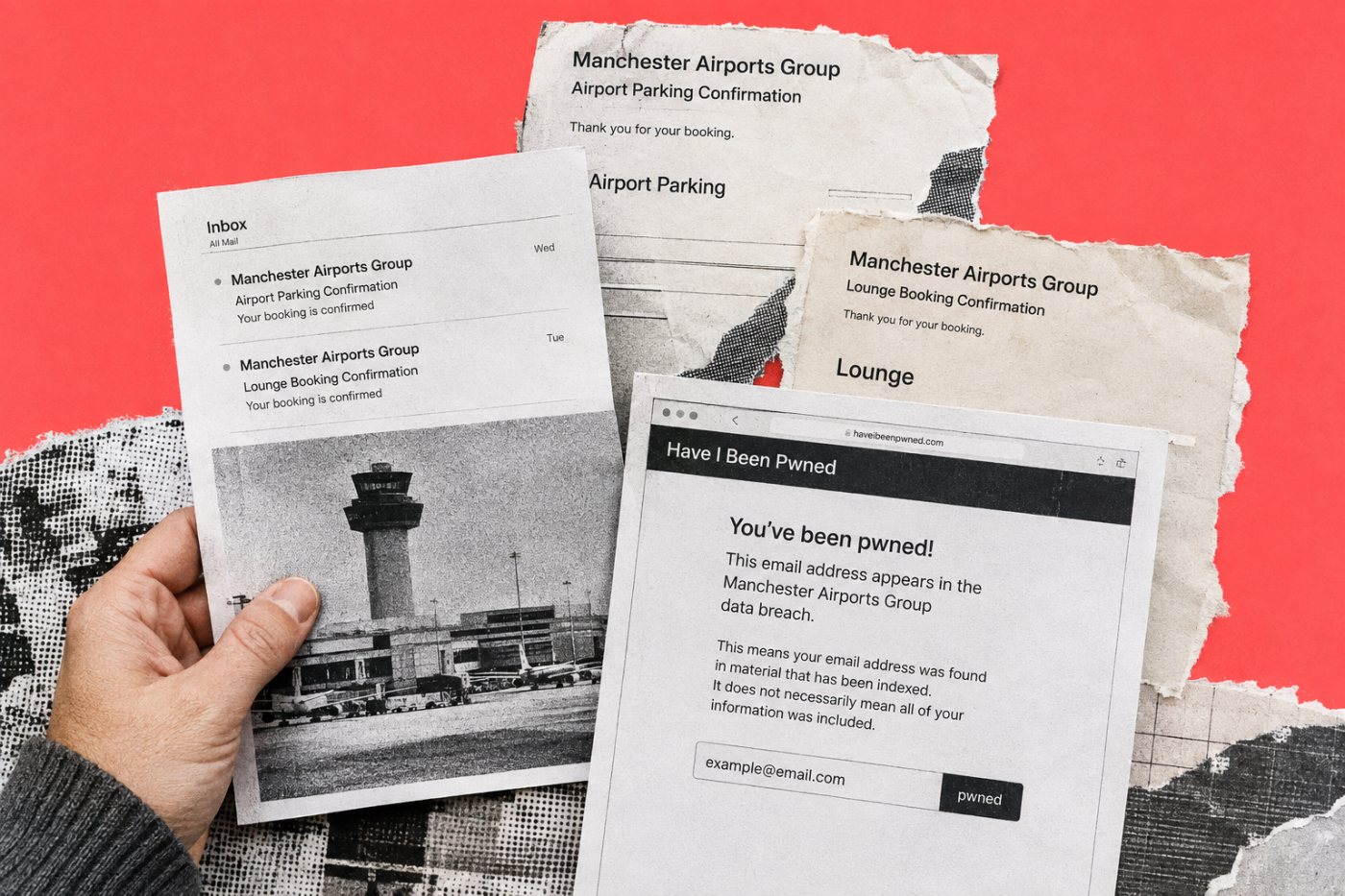 A customer checks past airport services and searches an email address for inclusion in the MAG breach.
