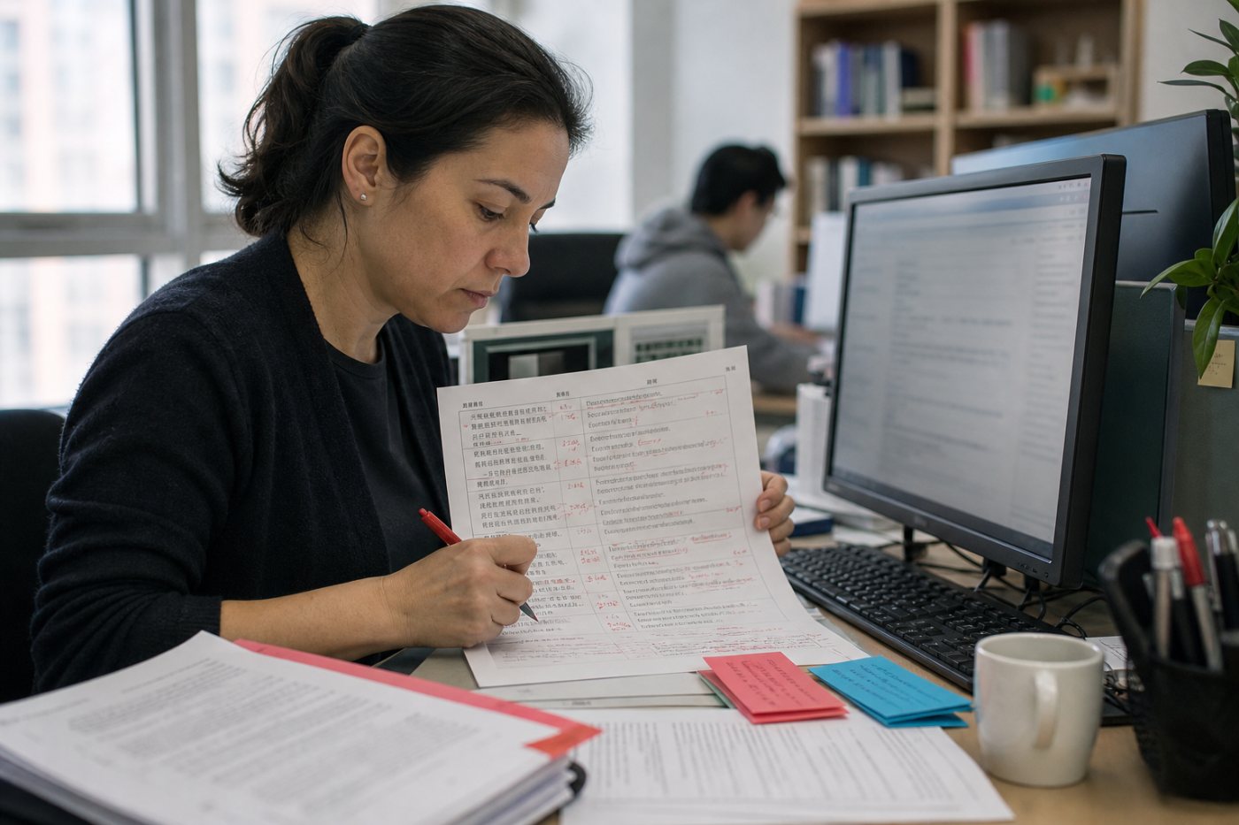 Tradutor em Chengdu revisa resultados de um modelo e passa da tradução direta à supervisão da IA.
