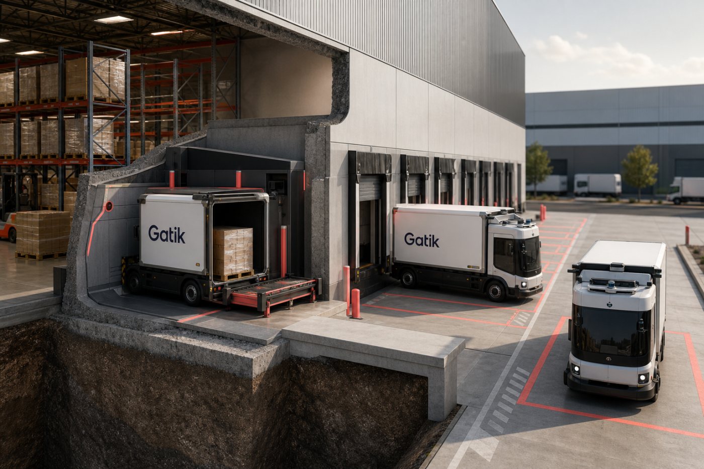 Des camions sans conducteur de Gatik exécutent des rotations commerciales entre les quais d’un centre de distribution.