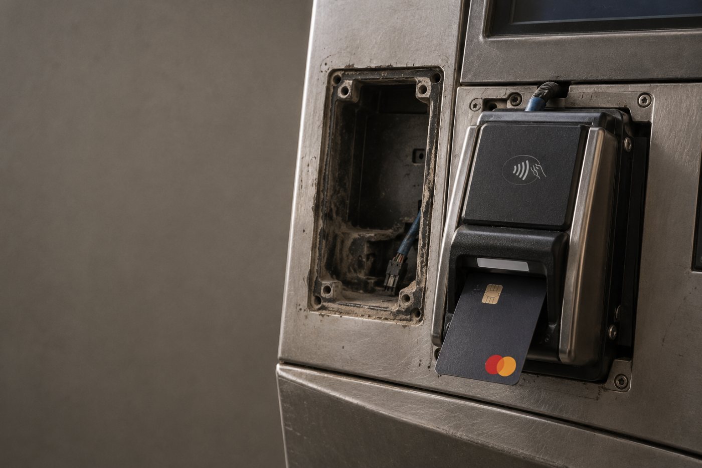 En betalingsterminal ved en billettautomat skiftes ut før Mastercard-betaling uten nett kan tas i bruk.