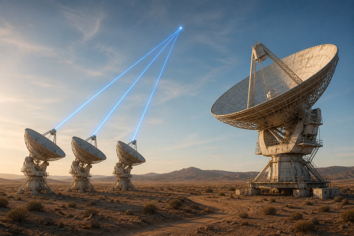 Multiple 34-meter Goldstone dishes arrayed together beside the complex’s single 70-meter antenna.