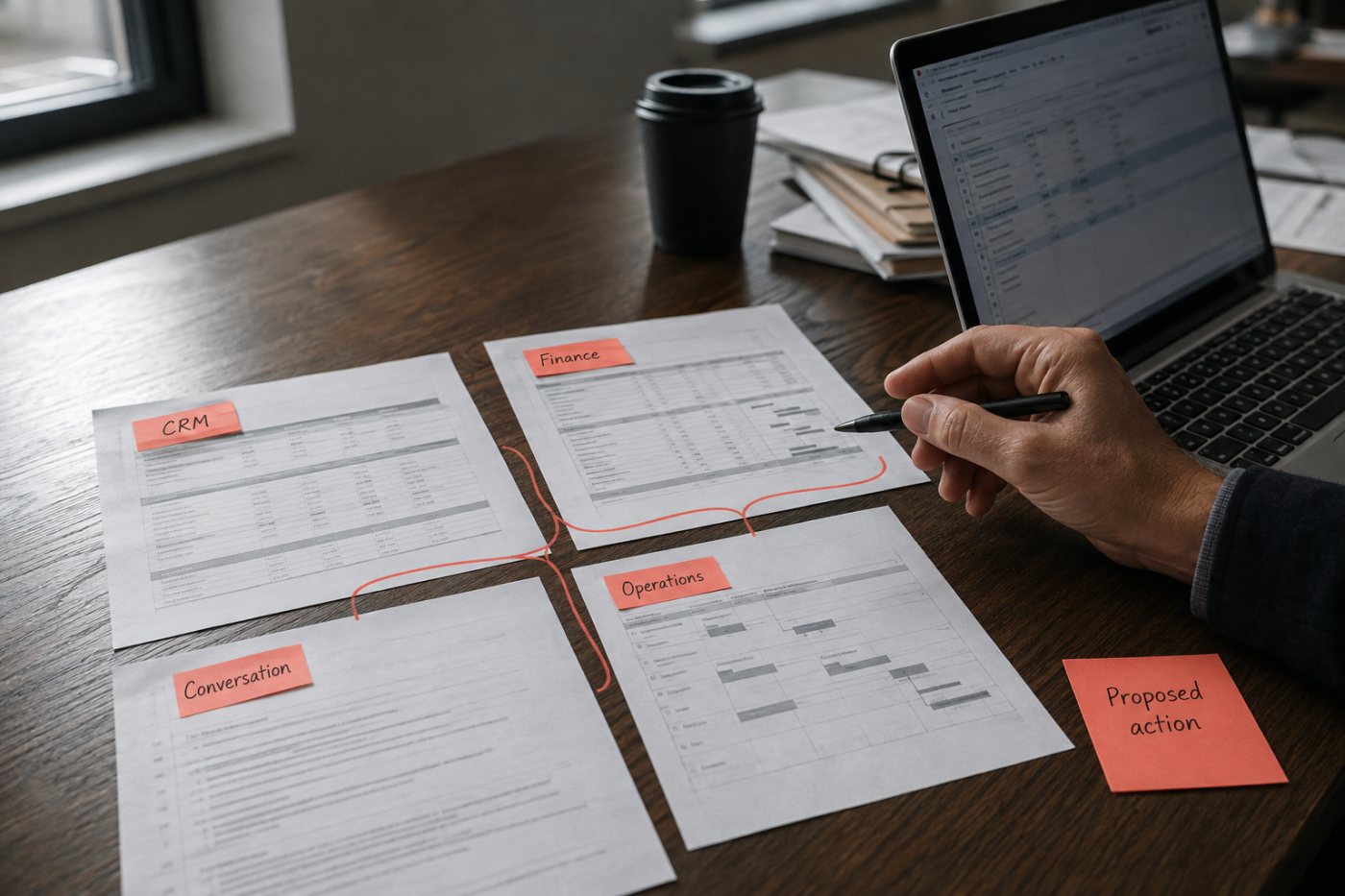 Conflicting CRM, finance, forecast and customer-conversation records are traced to their sources before a deal status is resolved.