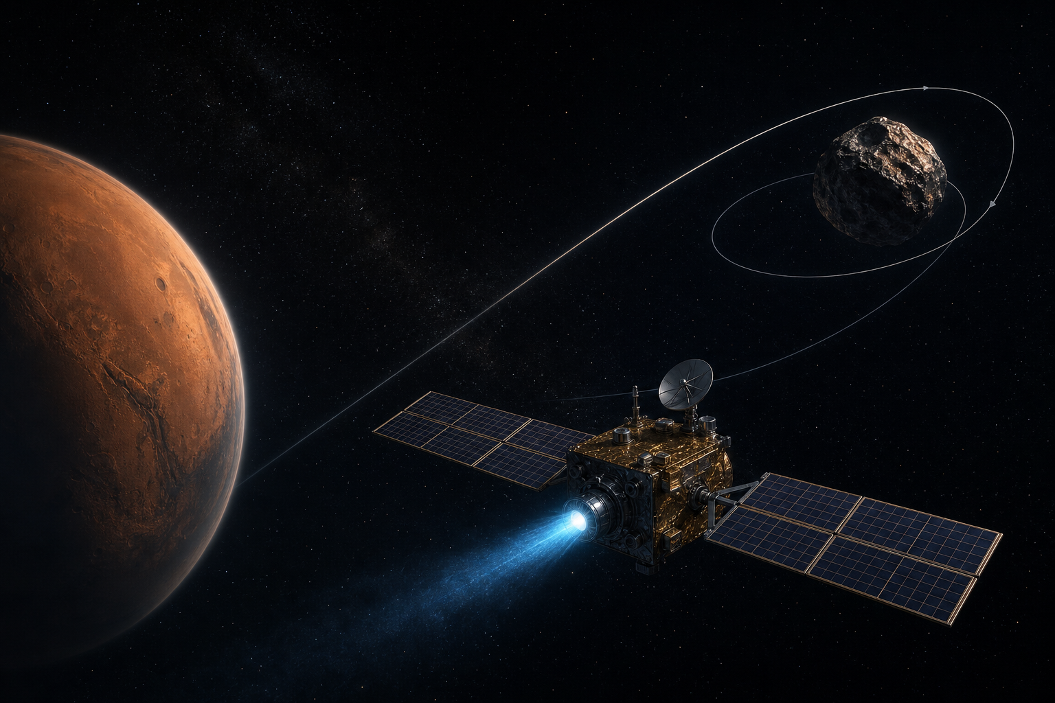 Mission timeline from Psyche’s Mars gravity assist to asteroid arrival and orbital science operations in 2029