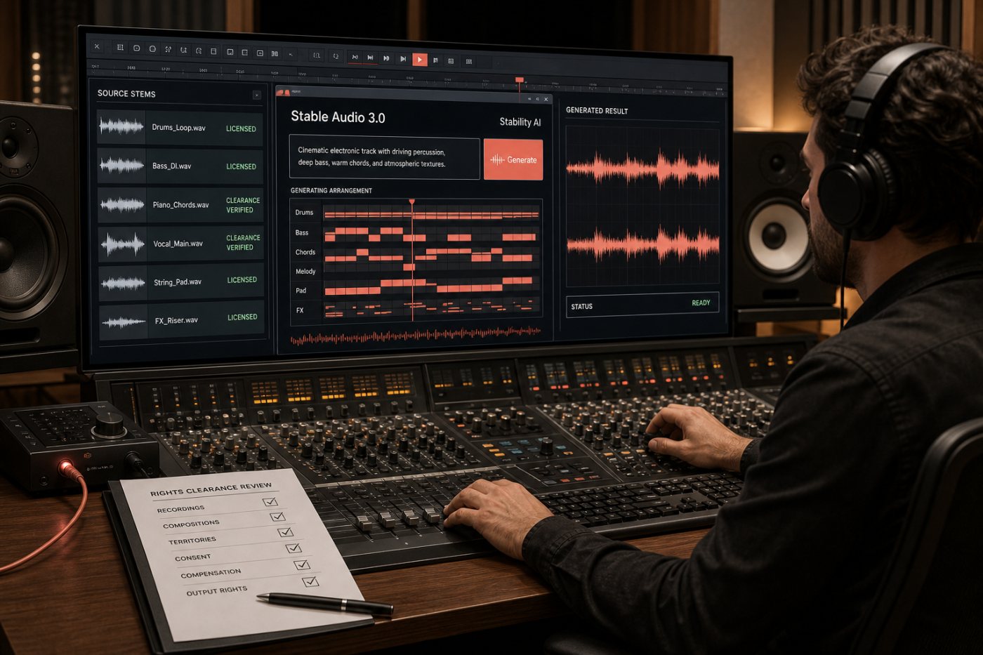 Stable Audio 3.0 کا DAW workflow لائسنس یافتہ مواد سے تیار آڈیو نتیجہ بناتے ہوئے