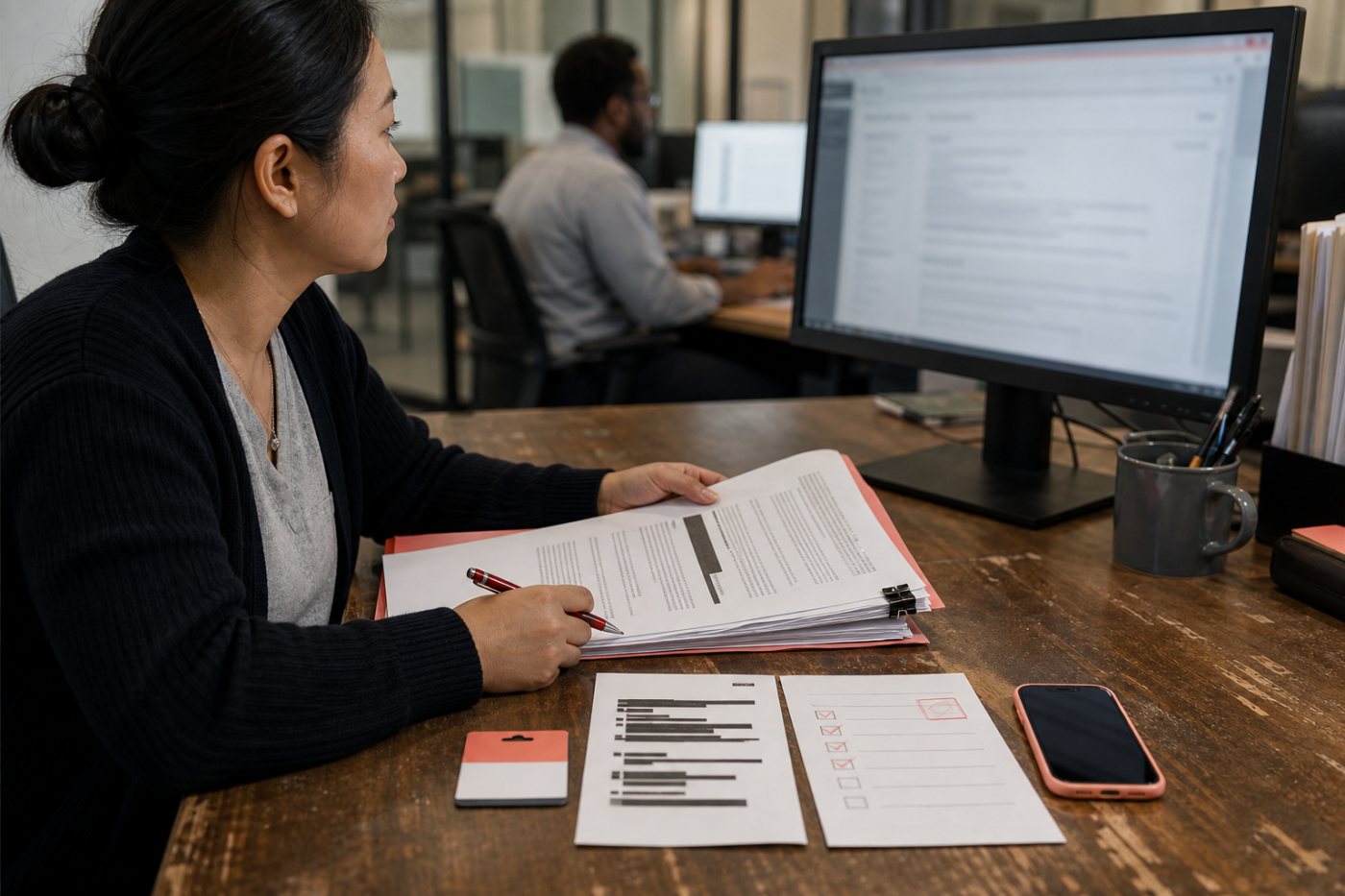 An employee checks tool, data, review and reporting rules before workplace AI use.