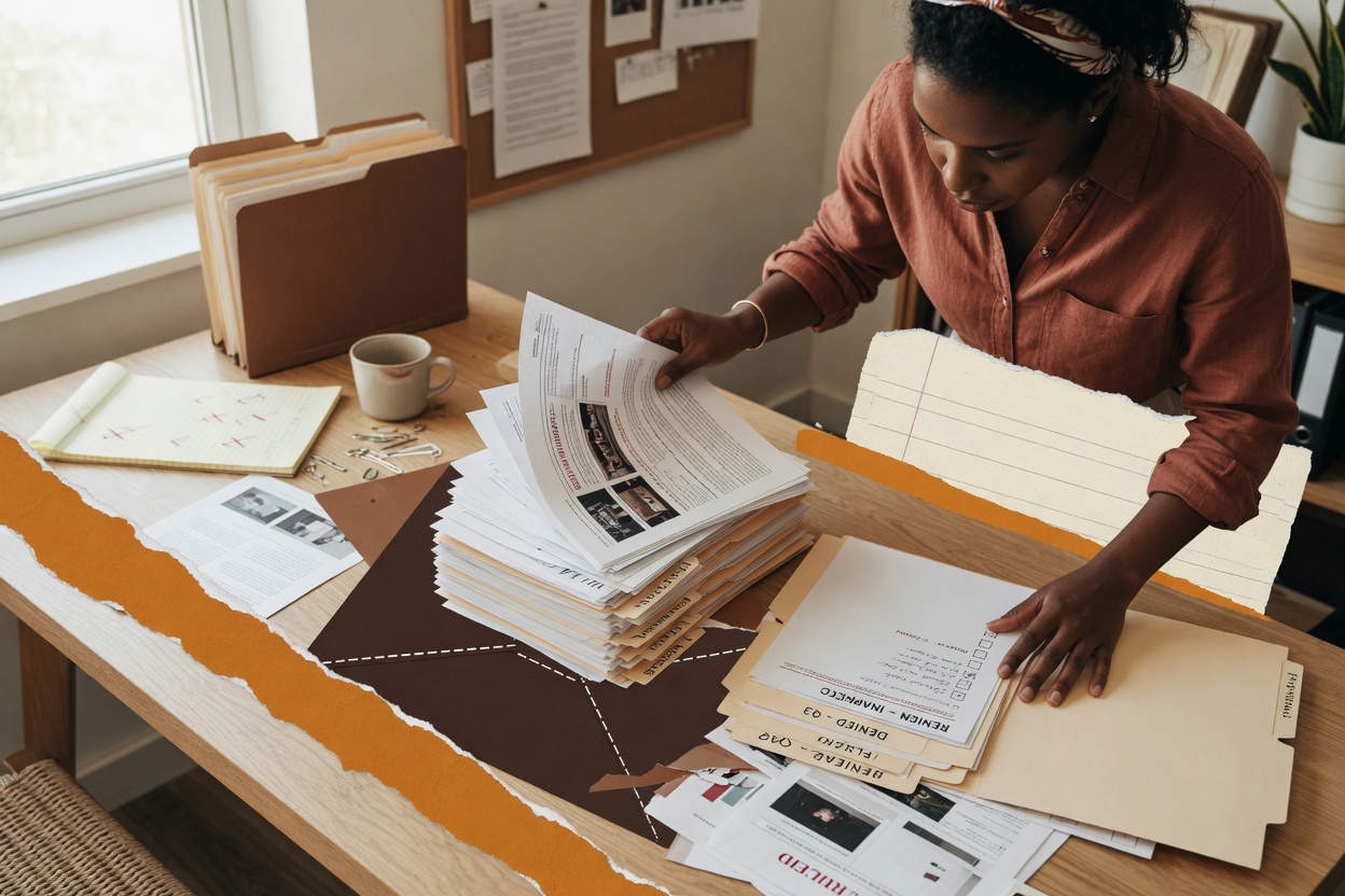 Creator organizing physical documents related to a YouTube appeal decision