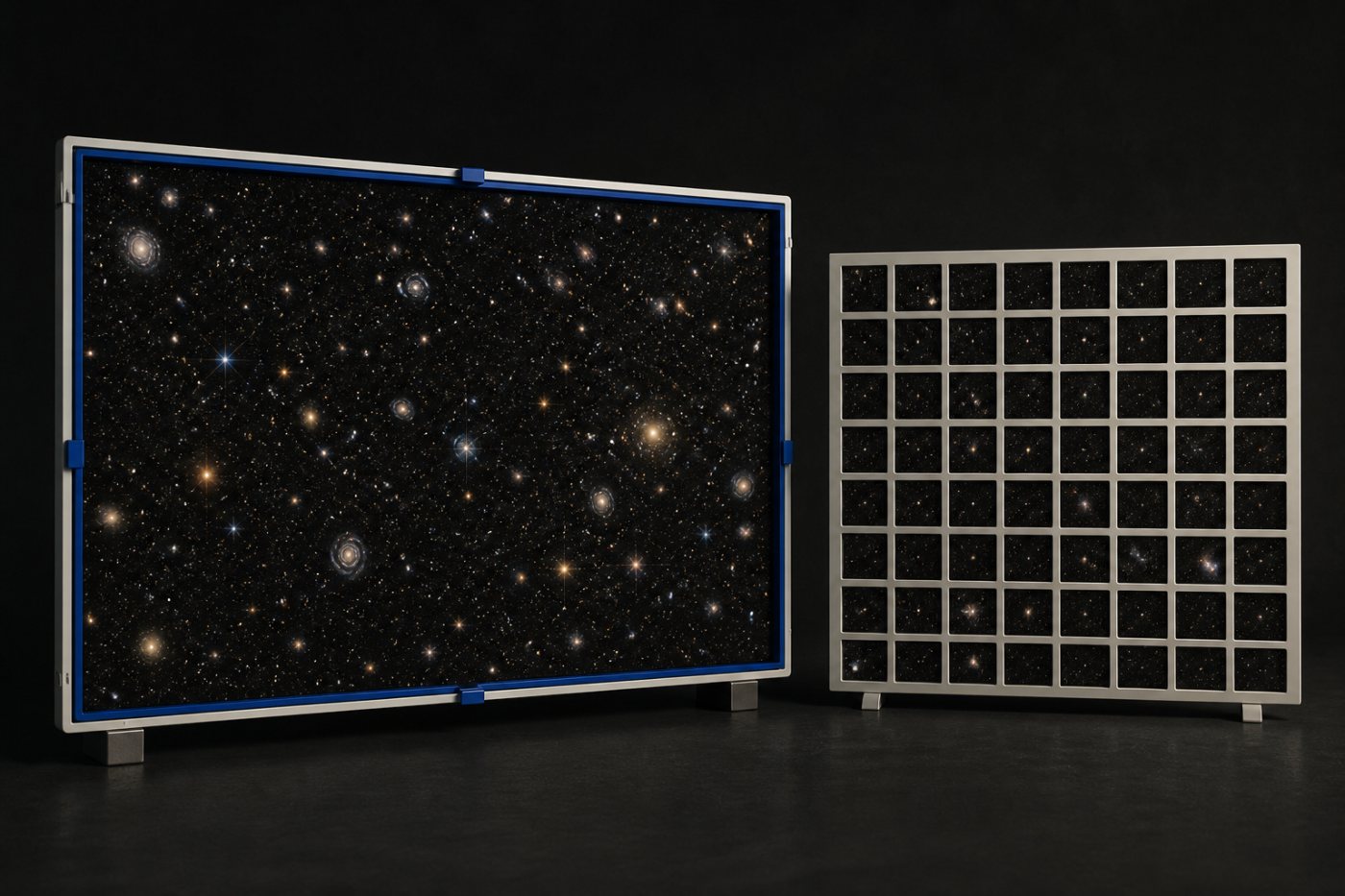 Dasselbe Himmelsfeld zeigt Romans große Aufnahmefläche im Vergleich zu etwa 100 kleineren Hubble-Feldern.