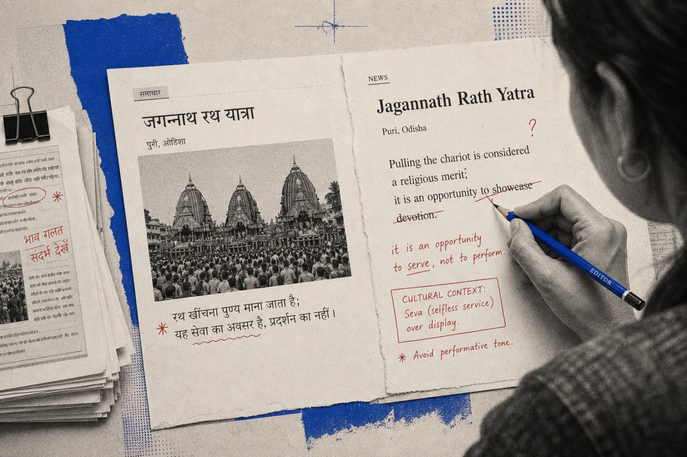 मशीन-अनुवाद में अर्थ और संदर्भ की सूक्ष्म गलतियाँ जाँचता पेशेवर अनुवादक