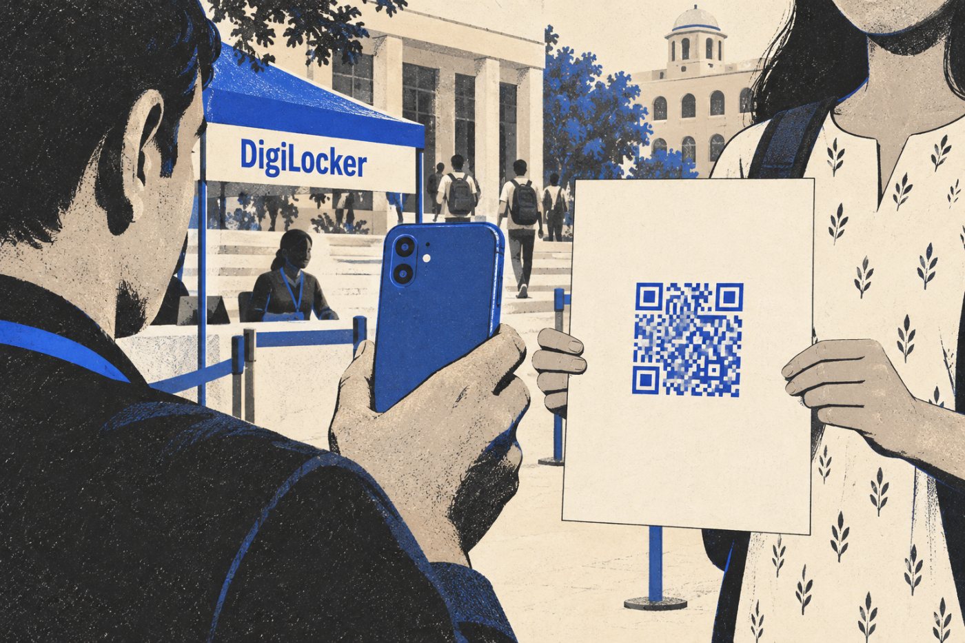 DigiLocker ऐप से जारी दस्तावेज़ का सुरक्षित QR कोड स्कैन किया जाता है।