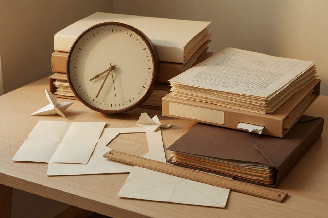 Clock showing 8:30 next to piles of official economic reports