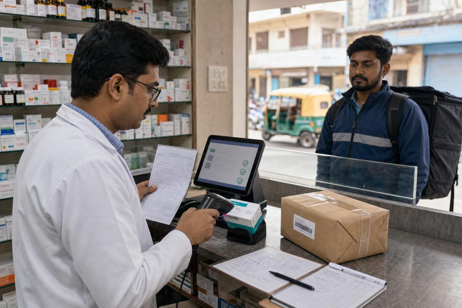 Licensed pharmacist verifying a prescription before a medicine delivery handoff