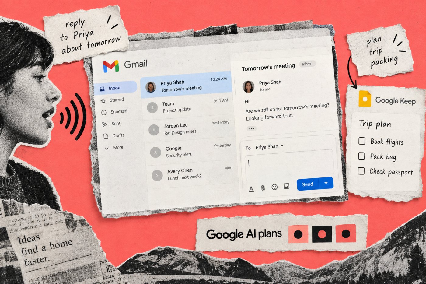 Gmail按语音查找邮件信息并生成草稿,Google Keep同时记录语音想法