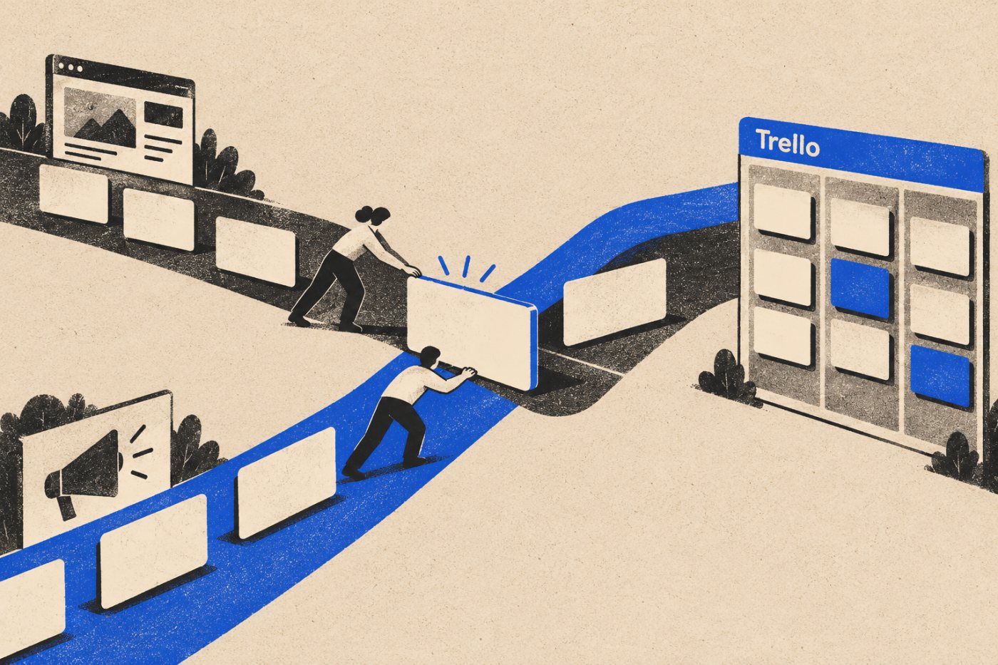 Поврзана задача во Asana минува низ два проекта, наспроти независни картички во Trello.