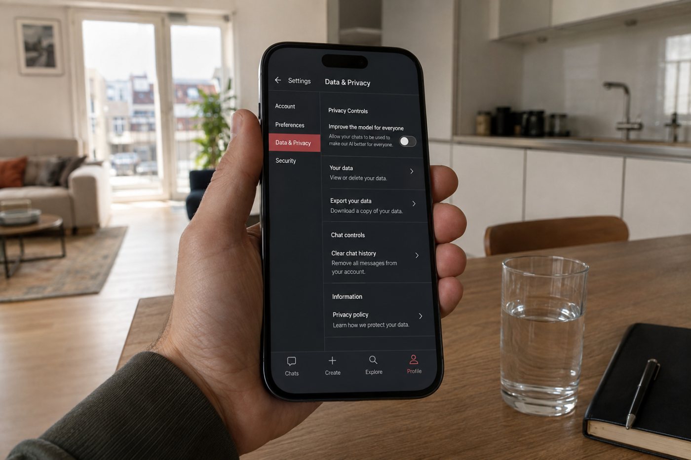 Parcours dans l’application Character.AI jusqu’à la désactivation du réglage d’amélioration des modèles.