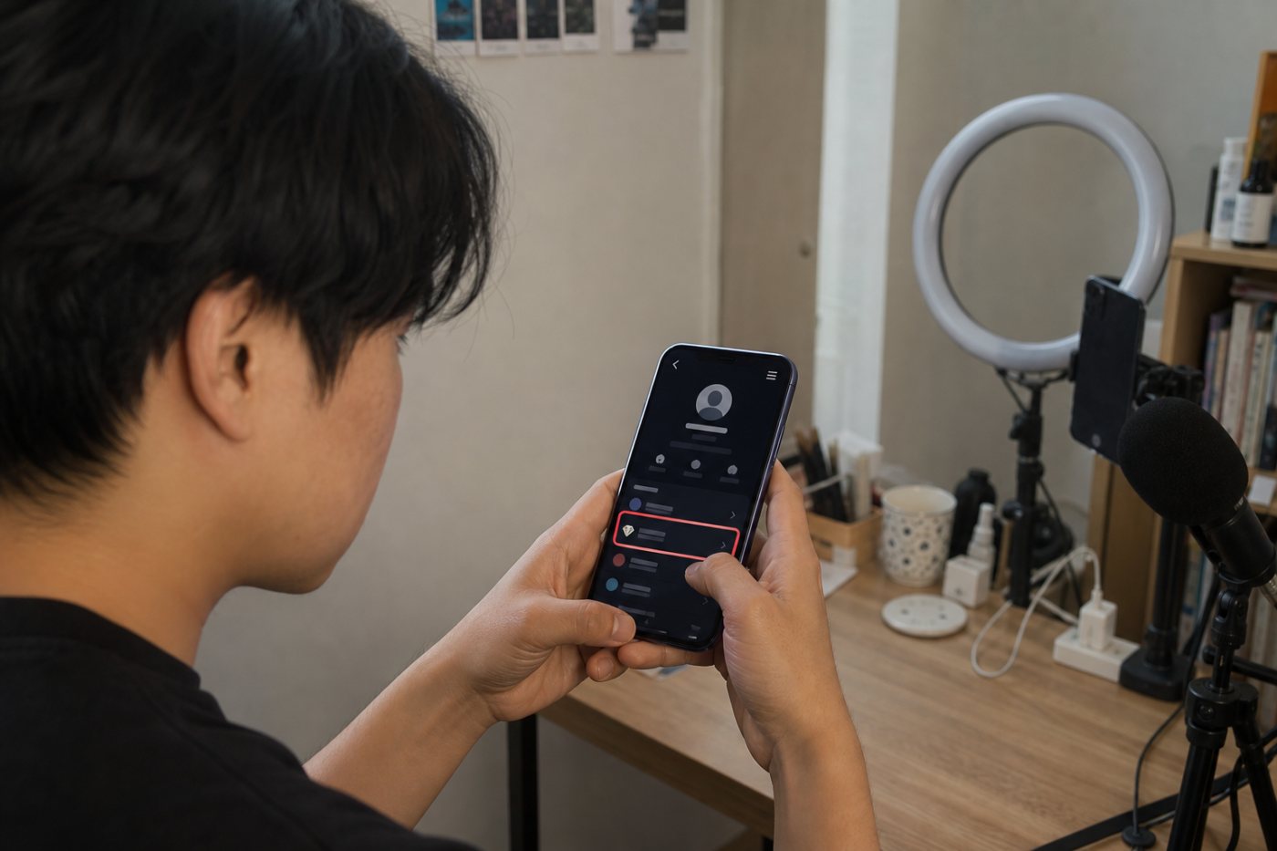 TikTok 앱의 프로필과 잔액 메뉴를 거쳐 LIVE 리워드의 다이아몬드 기록을 확인하는 절차