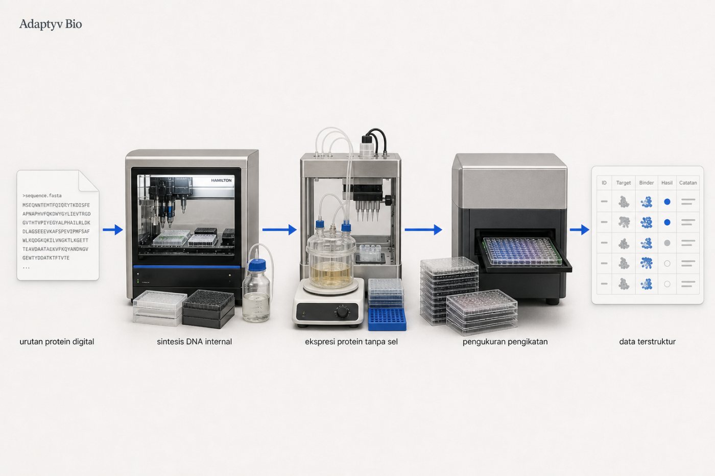 Alur Adaptyv Bio mengubah urutan protein digital menjadi sampel fisik dan data pengikatan melalui laboratorium otomatis.