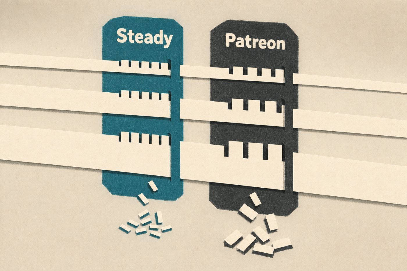 Modellrechnung für Steady und Patreon bei zehn Euro Mitgliedsbeitrag und drei Monatsumsätzen