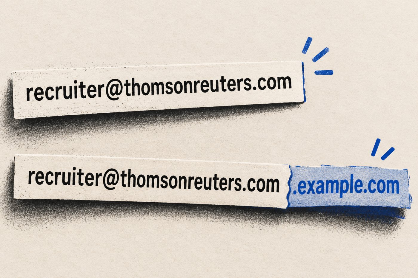 เปรียบเทียบโดเมนอีเมลรับสมัครที่ Thomson Reuters ระบุไว้กับที่อยู่ซึ่งมีส่วนต่อท้ายเพิ่มเติม