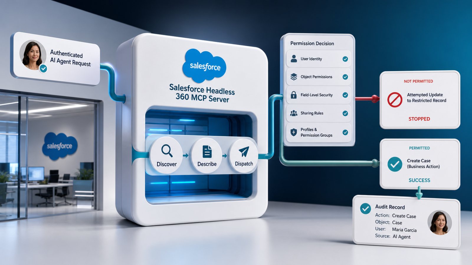Salesforce Headless 360 फैला—AI एजेंट को वही पुरानी अनुमतियाँ मिलेंगी