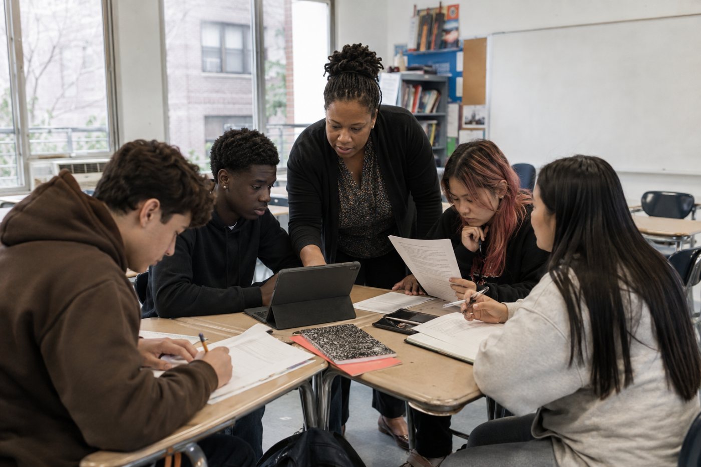 Highschool-Schüler nutzen eines der fünf genehmigten KI-Pilotprogramme unter direkter Aufsicht einer Lehrkraft.