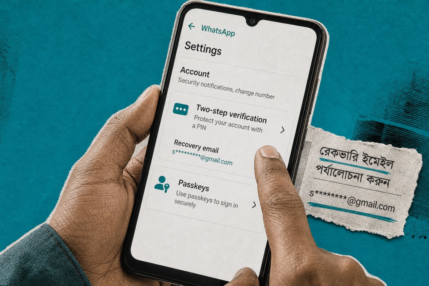 WhatsApp Account settings-এ আলাদা two-step verification, passkey ও recovery email ব্যবস্থাপনা
