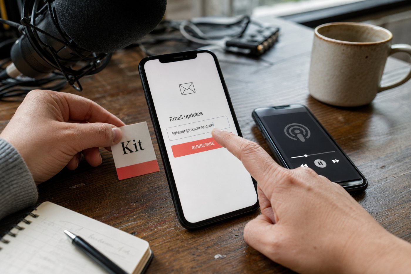Ein Acast-Podcast führt über eine freiwillige Anmeldung zu einer getrennten Kit-E-Mail-Liste.