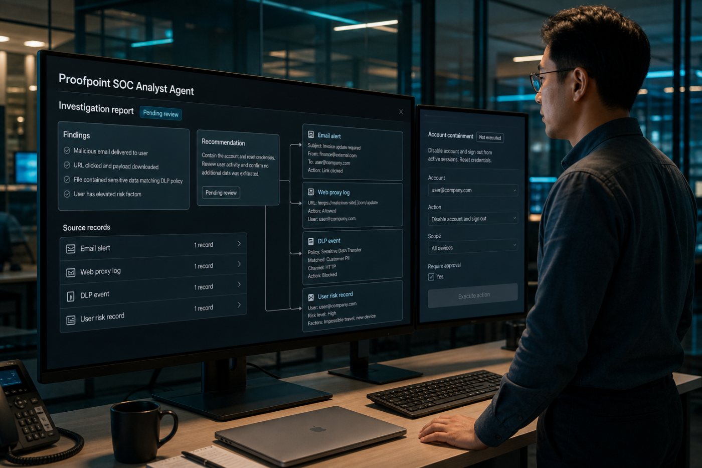 Proofpoint SOC Analyst Agent의 근거 있는 권고 뒤에 계정 변경과 위협 차단이 사람의 검토를 기다리는 상태