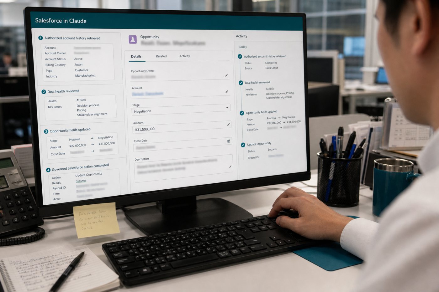 Salesforce in Claudeが案件情報を取得・分析し、レコード更新と業務実行まで進める流れ
