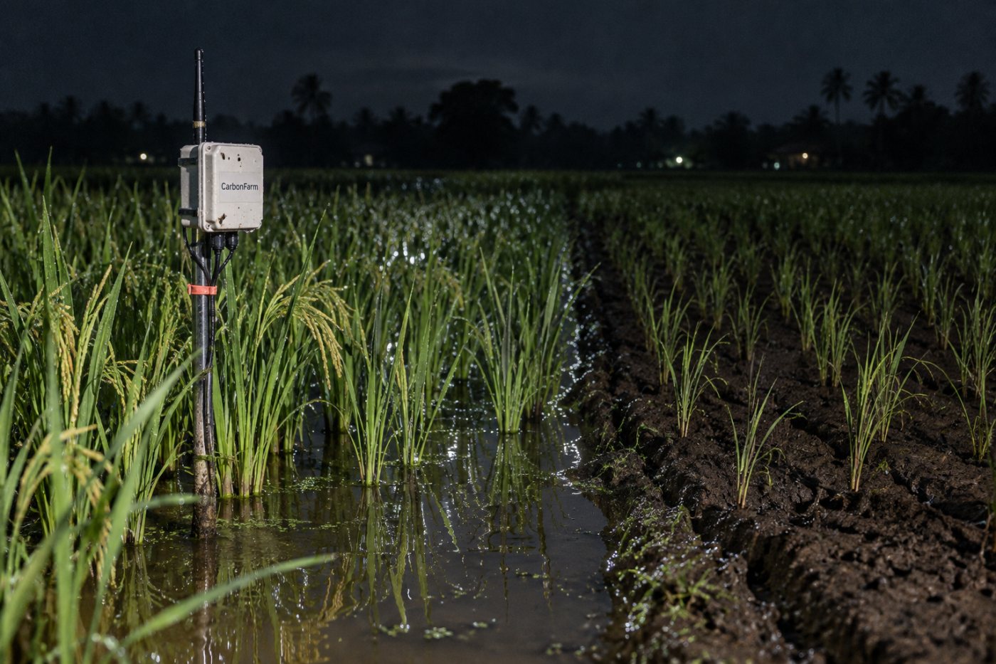 Dans une rizière en Inde, un capteur de terrain complète le suivi satellitaire du pilote mené par CarbonFarm et Partners in Prosperity.