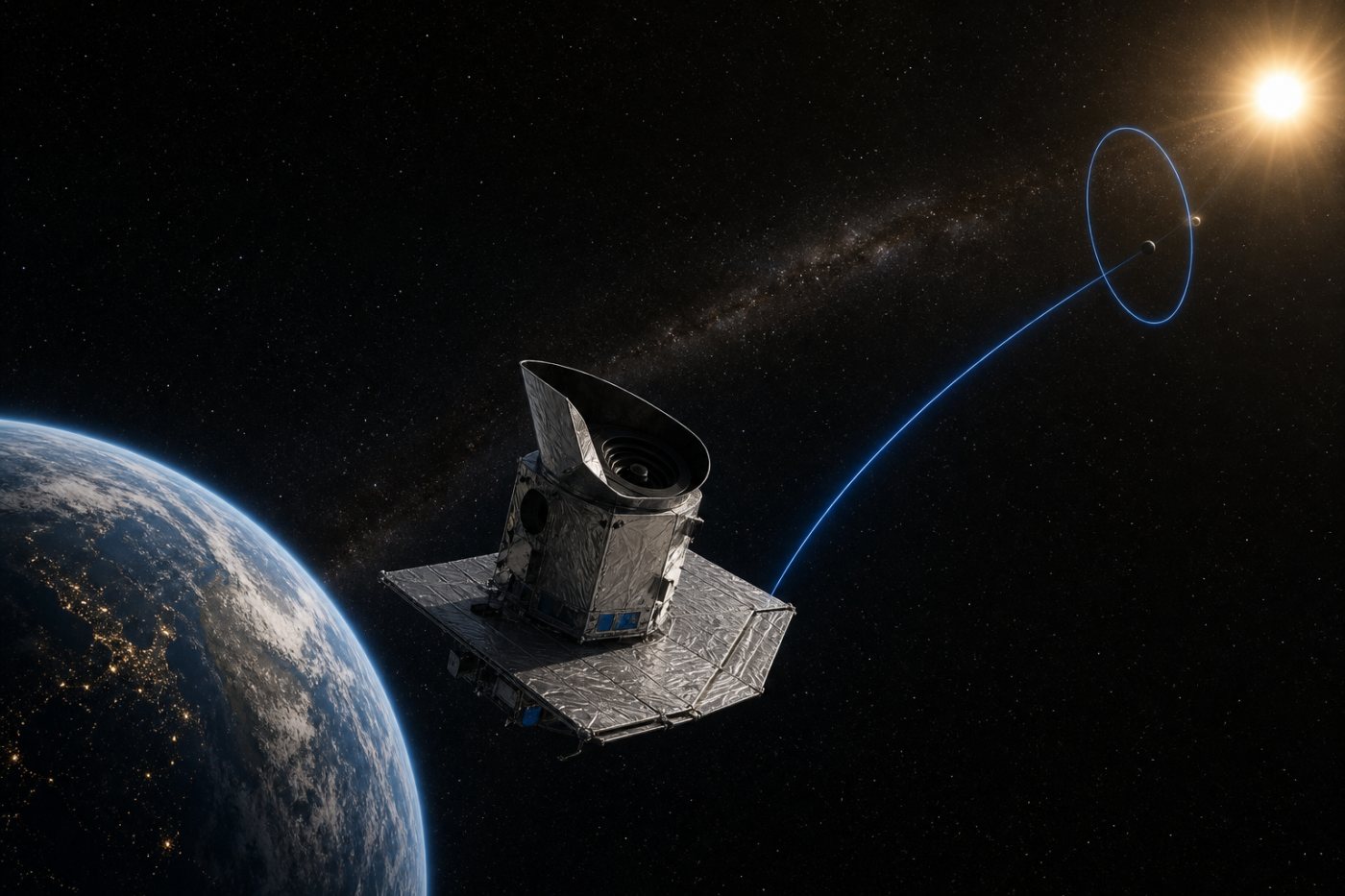 Nancy Grace Roman Space Telescope पृथ्वी से लगभग 15 लाख किलोमीटर दूर सूर्य–पृथ्वी L2 की नियोजित कक्षा की ओर बढ़ता हुआ।