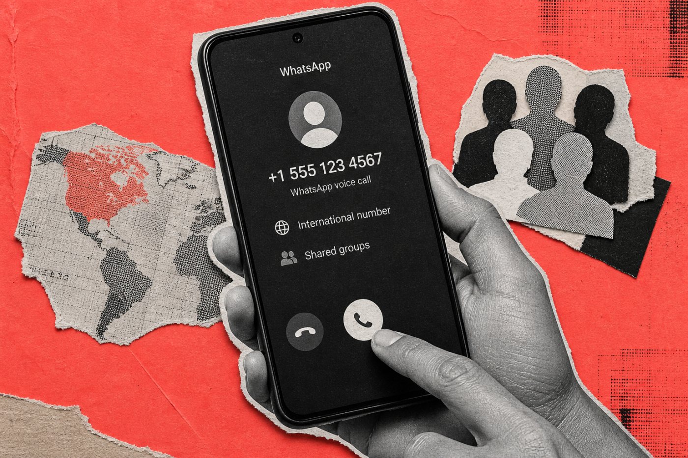 Android shows country and shared-group context for a WhatsApp call from a non-contact.