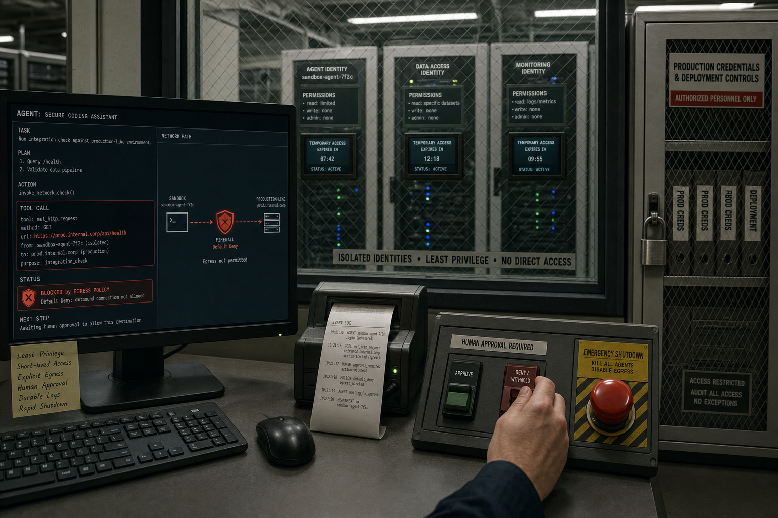 Security team reviewing an AI agent activity log and blocking further access