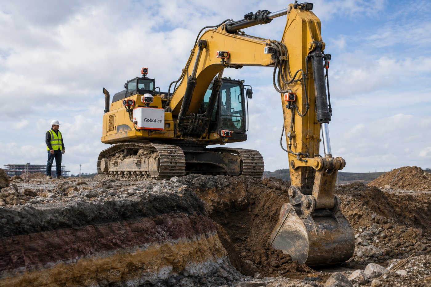 Une excavatrice équipée par Gravis analyse un terrain changeant pendant une opération de creusement.