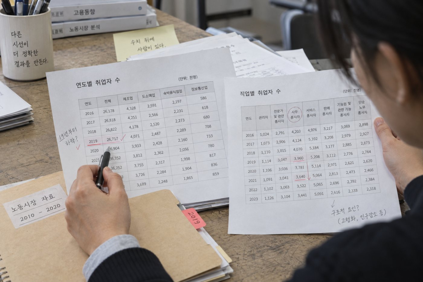 30세 미만 고용지수 86.6과 92.5를 비교하면서 ChatGPT 출시 전 추세까지 확인하는 노동시장 분석
